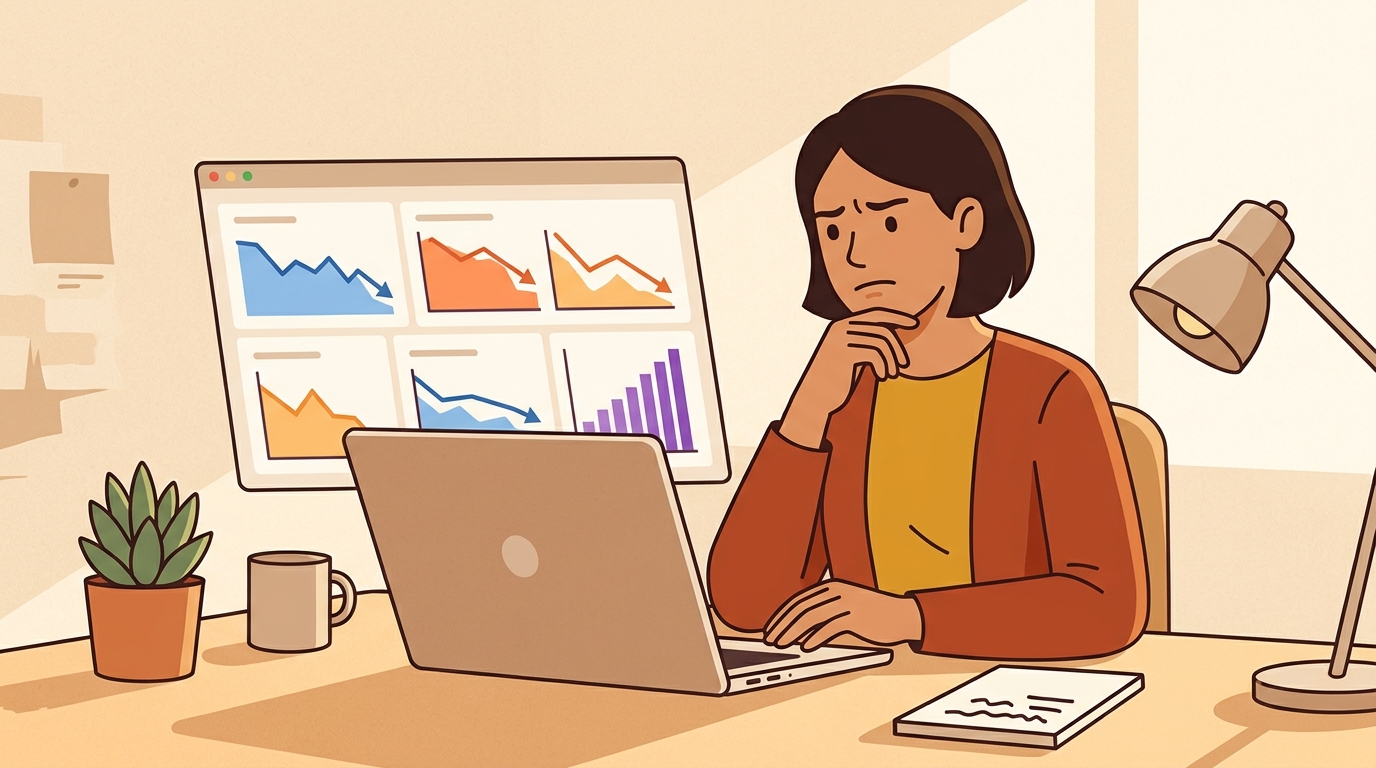 A marketer analyzing declining performance graphs on a laptop, a visual metaphor for spotting creative fatigue.