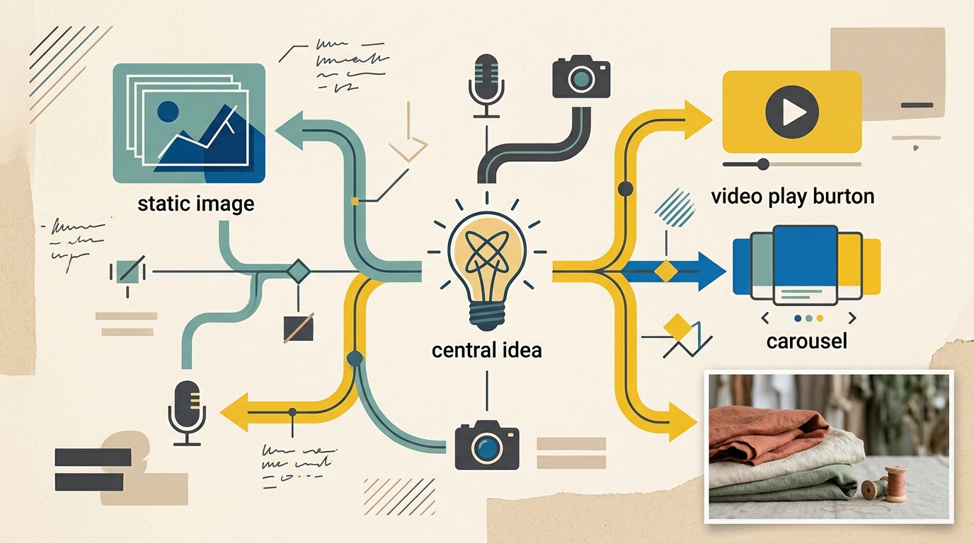 A diagram illustrating creative diversity, with different ad formats stemming from one core concept.
