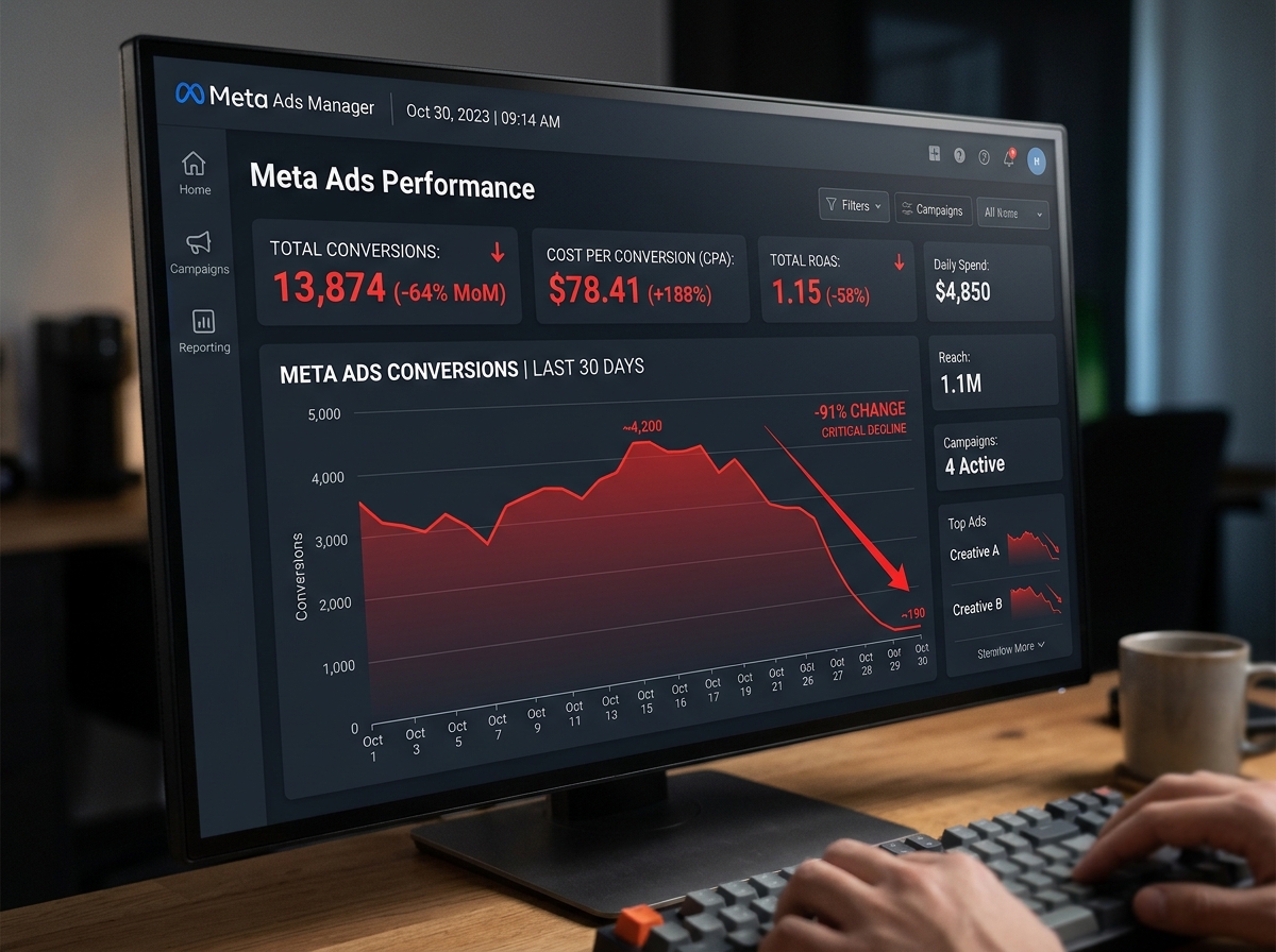 A dashboard showing a sudden drop in Meta ads conversions, illustrating a common problem for marketers.
